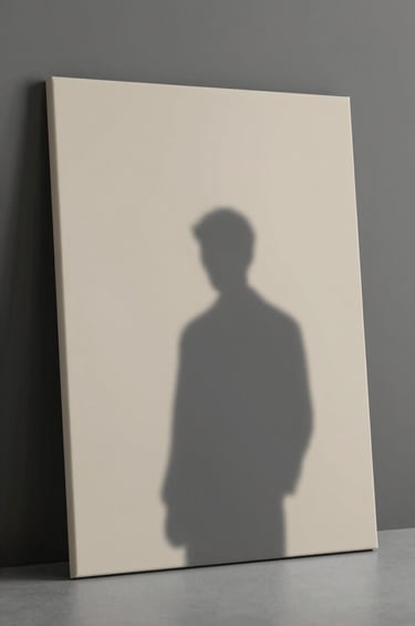 A dramatic canvas leaning against a studio wall, showing a solitary #1A1A1A silhouette against a warm #C8C0B2 background. Soft shadows and a museum-like atmosphere create an immersive sanctuary for art appreciation.