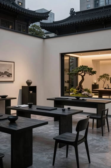An atmospheric, high-end photography shot of a multidisciplinary design studio at dusk, featuring charcoal black furniture and ivory walls, with a glimpse of a zen-style garden outside, located in an East Asian / South Asian influenced for a global luxury audience city.
