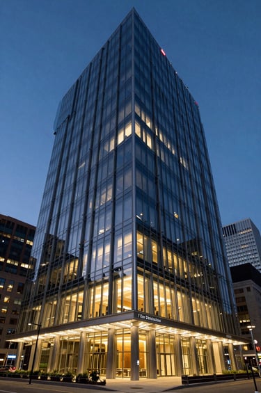 A wide architectural shot of a sleek, modern corporate building in a major North American city at twilight. The facade is glass and steel, glowing with warm interior light against a deep blue evening sky, representing a high-end film distribution headquarters.