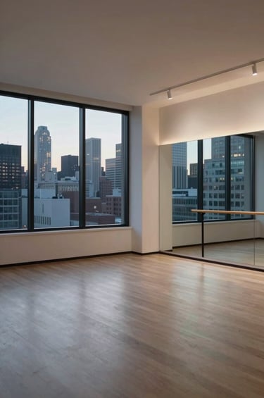 A wide-angle, cinematic shot of a modern rehearsal studio in a North American city. Large windows reveal a city skyline at twilight. The interior is minimal, with polished floors and off-white walls, evoking a sense of versatility and professional artistic space.