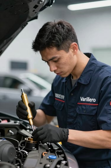 A professional Varillero technician wearing a branded navy uniform, working with precision on a luxury car. He uses specialized golden-toned PDR tools. The background is a clean, professional garage with soft atmospheric lighting, conveying a leading and premium service vibe.