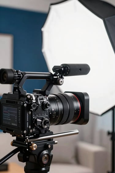 A detailed close-up of a high-end video production setup in a contemporary Brazilian home studio. A professional camera and a softbox light are visible, reflecting a clean, organized workspace with navy blue and soft white tones. Sharp focus, high-quality professional lighting.