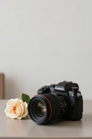 A clean, minimalist composition of a professional camera sitting on a muted taupe tabletop next to a single warm cream rose. The background is a soft off-white wall, captured in a North American / European interior with natural side-lighting.