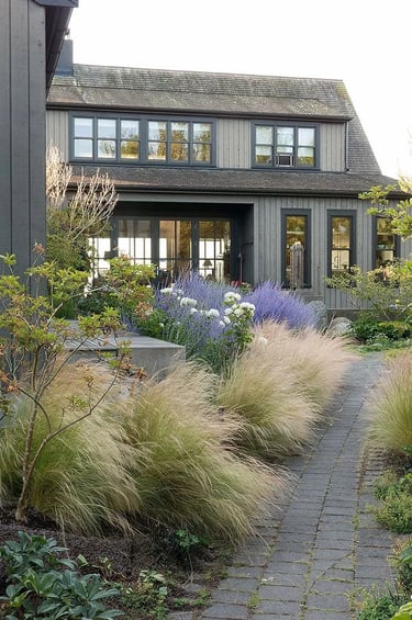 Garden path with ornamental grasses, soft planting and a modern house, showing a mature landscape sh