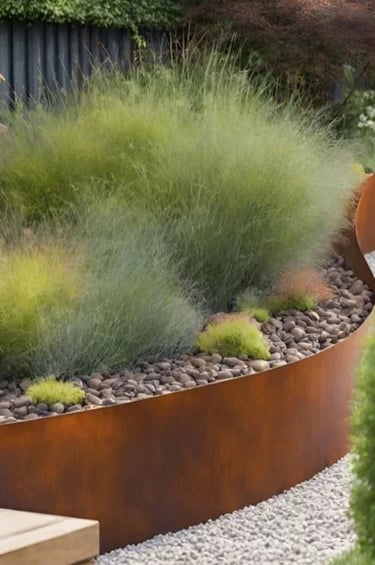 Corten steel garden edging with soft ornamental grasses and gravel, adding warm weathered metal cont