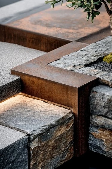 Weathered metal edging combined with natural stone, gravel and soft lighting, creating depth in a mo