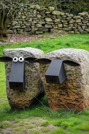 Stone garden sculptures shaped like sheep, using natural rocks and playful metal details in a green