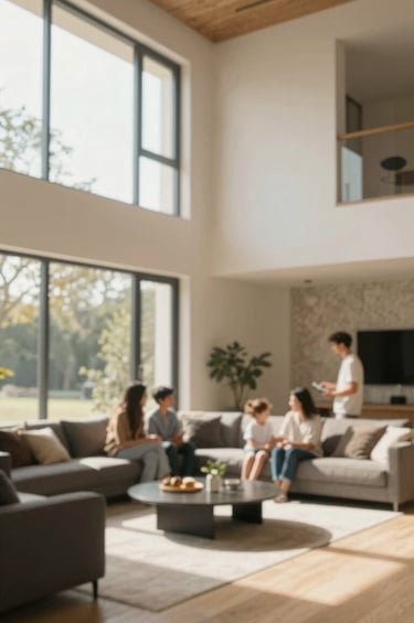 A wide, cinematic shot of a modern, finished living space with high ceilings and large windows. Warm sun-drenched light fills the room, highlighting authentic textures like wood and stone. A family is seen in the blurred background, interacting naturally. The color palette incorporates soft off-white walls (#F9F6EE) and charcoal furniture accents (#2F4F4F).