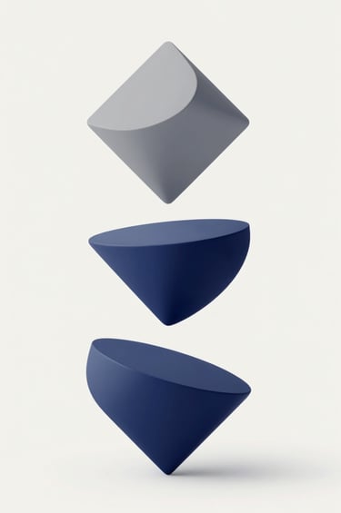 An abstract, strategic visual representation of branding: three floating geometric shapes in #A0A696 and #4A5763 perfectly balanced on a #F8F8F4 background. The composition is sophisticated, quiet, and emphasizes visual identity harmony.