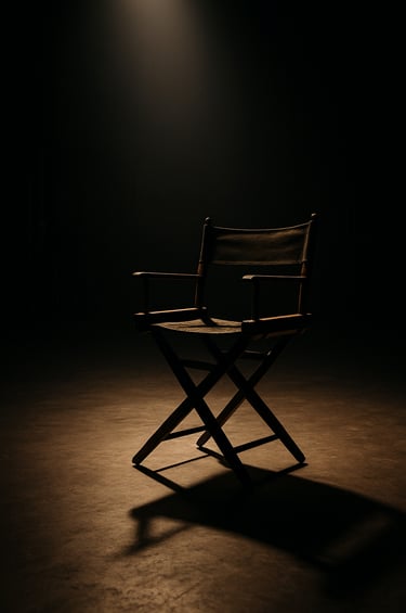 An atmospheric shot of a director's chair on a dark soundstage in a North American production facility. A single, focused spotlight creates high contrast, casting long shadows and highlighting the fabric texture in charcoal and muted gold tones, conveying a sense of storytelling prestige.