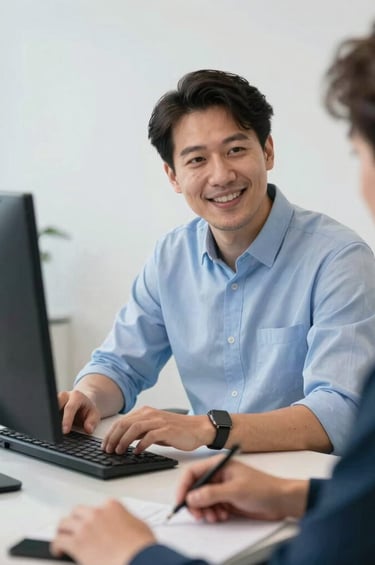 A professional and friendly tech consultant collaborating with a client remotely, shown from a natural over-the-shoulder perspective of a clean workstation in a modern office in North America. Soft studio lighting, highly sophisticated and approachable vibe, light blue accents, sharp focus.