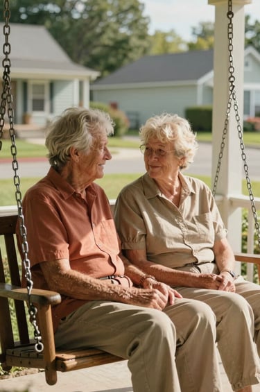 A vertical cinematic shot of an elderly couple sharing a quiet, authentic moment on a porch swing in a North American suburban neighborhood. Sun-drenched lighting highlights textures of wood and fabric in warm terracotta and soft sand tones.