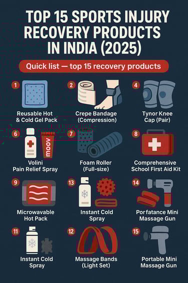 Top 15 sports injury recovery products in India 2025 – infographic showing gel packs, crepe bandage,