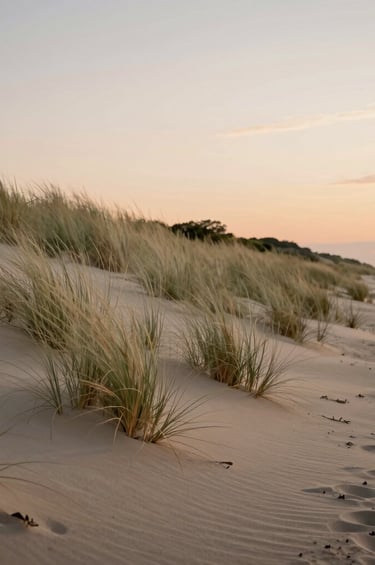 A serene coastal scene of West Michigan sand dunes at sunset. The landscape features soft sand and pale olive cream beach grass under a warm, light sky. The atmosphere is quiet, airy, and sophisticated.