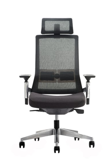 Black mesh executive chair with headrest, front view on casters