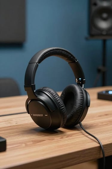 Professional photography of high-quality studio headphones resting on a sleek, minimalist wooden desk in a Spanish sound engineering suite. The background shows soft-focus acoustic panels in muted blue, creating a calm and professional atmosphere of artistic sophistication.