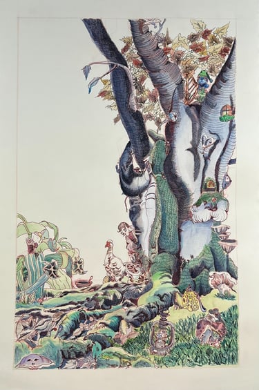 the fallen bean stalk. tree hidden frogs and characters from the story.