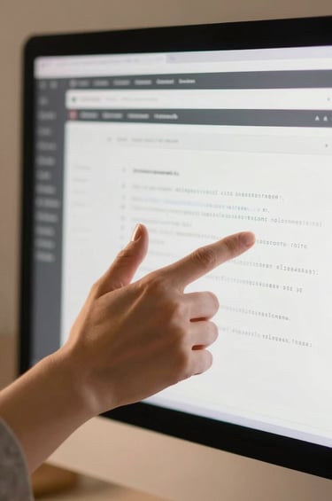 A close-up, cinematic shot of hands gesturing over architectural code on a screen, captured in a warm, light-filled studio. The lighting is soft and golden, creating a friendly and professional ambiance. Accents of charcoal #3A3B3C and soft sand #F7F4E9 dominate the composition.