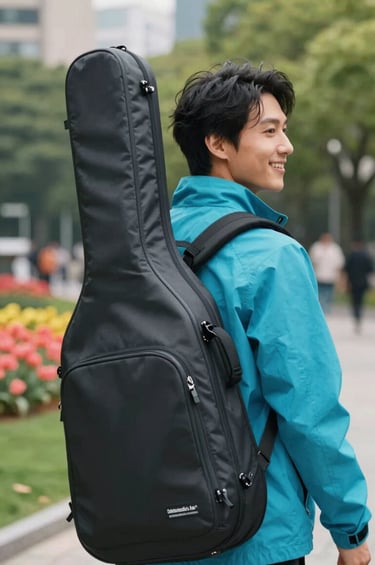 A dynamic shot of a creative professional in an International / English-speaking urban park setting, smiling and carrying a sleek instrument case. They are wearing a bright turquoise jacket. The background is softly blurred with hints of vibrant coral flowers and green trees.