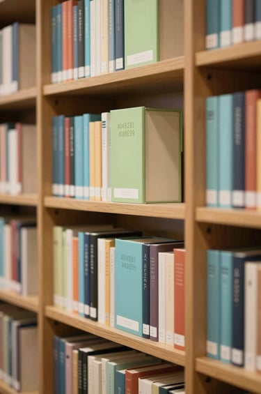 A vertical composition of a colorful library bookshelf where book spines are organized by color, featuring prominent #D4B281 and #7A9E9F tones. The lighting is soft and inviting, with a thoughtful, resourceful atmosphere that balances academic depth and creative flair.