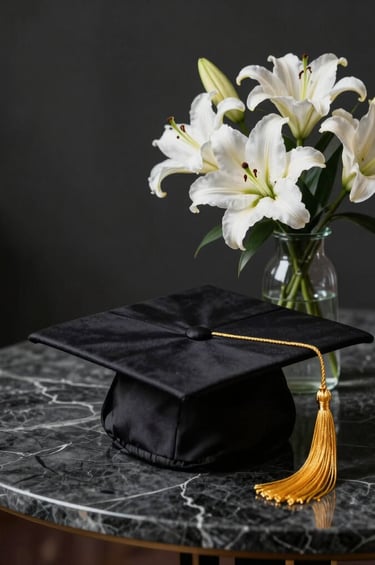An elegant graduation setup in a Middle Eastern professional studio. A graduation cap with a golden tassel rests on a Dark Charcoal marble table next to a vase of fresh white lilies. Luxurious, feminine atmosphere.