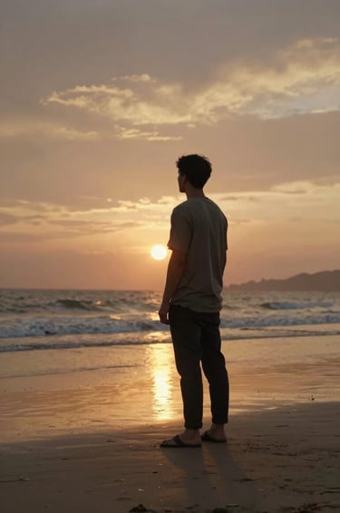 A contemplative, lifestyle photograph of an artist standing on a beach, looking out at the horizon during a sunset. The sky is a mix of muted gold and terracotta, reflecting off the damp, soft sand at their feet.