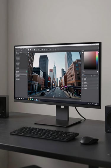 Photography of a sleek 3D design studio in a North American / US urban setting. The image captures a high-resolution display showcasing professional digital art, surrounded by a professional environment in dark charcoal and soft off-white tones.