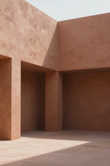 Architectural photography of an interior void where light dwells. The composition captures how life unfolds within space, featuring warm terracotta accents (#BC6C47) and a serene, philosophical mood.