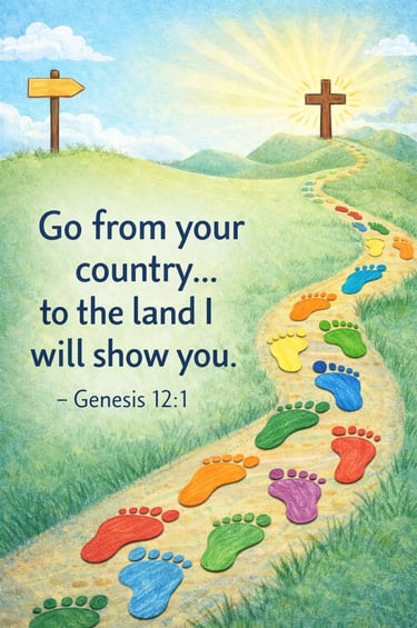 Genesis 12:1 Bible verse image with colorful footprints leading to a cross, Christian encouragement