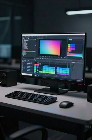 An elegant, cinematic wide-angle shot of a darkened video editing suite. A high-resolution monitor glows with vibrant color-grading software, casting a soft #4A616F light on a minimalist desk. The overall mood is contemporary and premium.