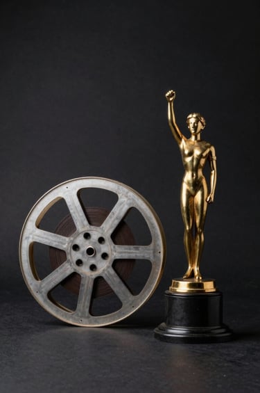 A minimalist composition of an antique film reel and a golden award statue on a dark surface, soft spotlighting, deep charcoal black background with subtle antique gold accents, high contrast, museum-style photography.