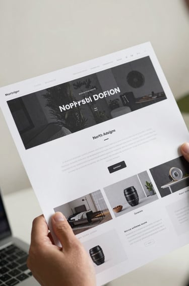 A close-up photograph of a professional's hand holding a high-quality printed portfolio page in a sun-drenched North American / US workspace. The background is a soft off-white studio wall. The focus is on the clean design lines and the tangible, successful outcome of a web design project. Palette features solid black and charcoal grey tones.