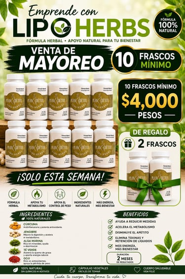 Suplemento alimenticio Lipo Herbs Plan Detox en frascos para control de peso y metabolismo saludable.