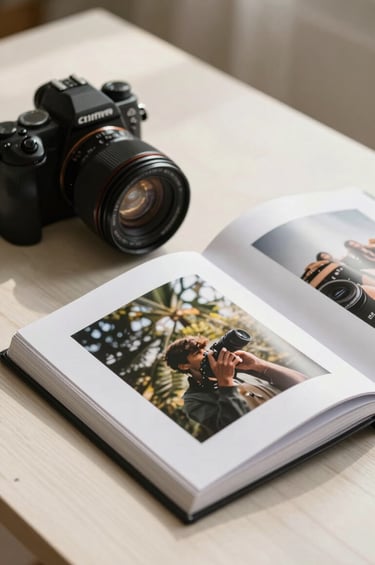A close-up cinematic shot of a lifestyle photographer's camera and a printed photo album on an off-white wooden table. Located in a sun-drenched North American / US studio, the image uses soft charcoal shadows and warm lighting to convey professionalism.