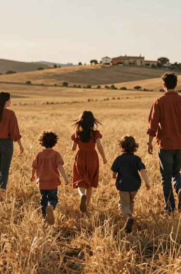 Candid long shot of a family running through a golden grassy field in rural Spain / Southern Europe during late afternoon. Warm sun rays lighting the scene, soft terracotta and dark charcoal accents in their outfits, nostalgic and deeply emotional storytelling style.