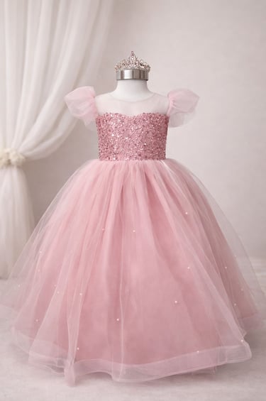 Elegante vestido rosa para niña de fiesta con talle bordado con lentejuelas, falda de tul