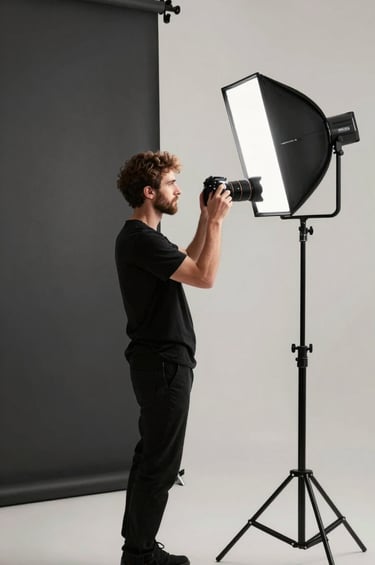 A professional photographer in a modern Turkish / Istanbul studio, adjusting professional lighting equipment. The aesthetic is clean and minimalist with dark slate black and soft off-white tones.