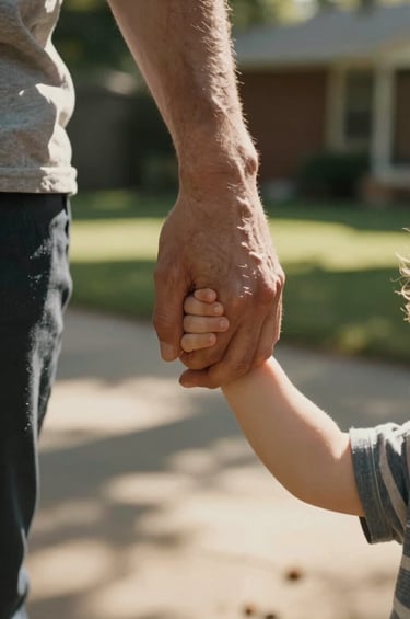 An intimate, close-up photograph of a parent holding a toddler's hand in a North American backyard setting. Sunlight streams through the trees, creating a warm, sun-drenched atmosphere with Charcoal shadows and Soft Sand highlights. The focus is on the emotional depth of the moment.