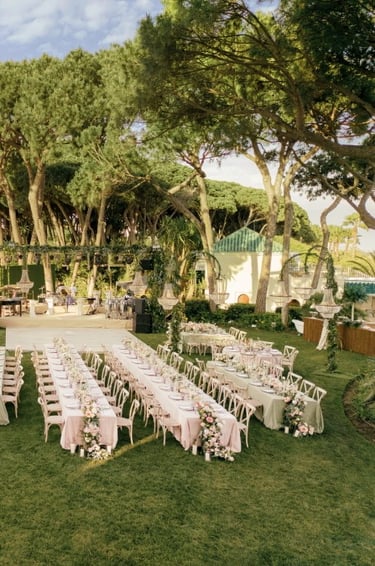 Destination wedding setup and altar in the seaside gardens of Villa El Rincon in Marbella
