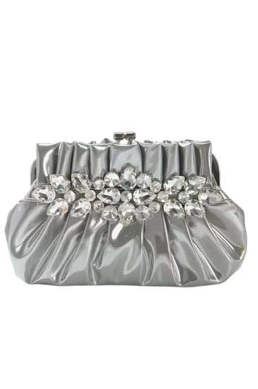 Silvery Glossy Pleated Evening Bag – Rhinestone PU Clutch with Detachable Straps