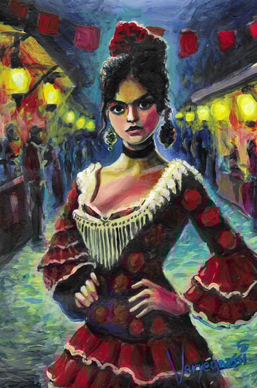 a painting of a woman in a red dress