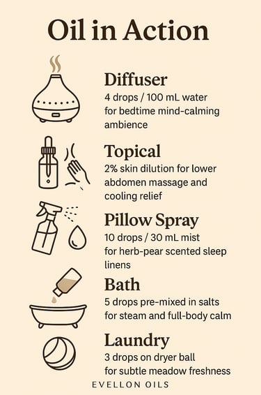 Oil guide for diffuser, topical, pillow spray, bath and laundry with usage icons