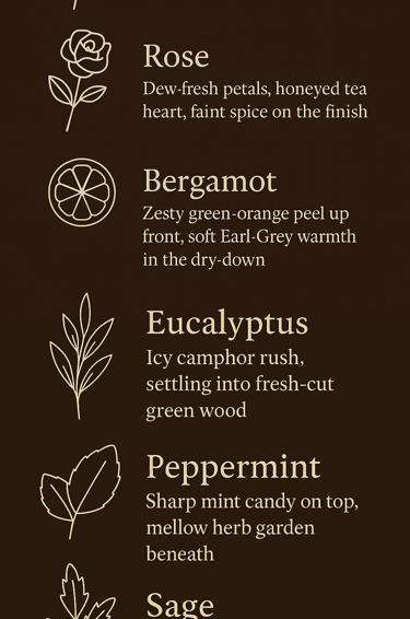 Chart describing six scents from lavender and rose to bergamot, eucalyptus, mint, and sage
