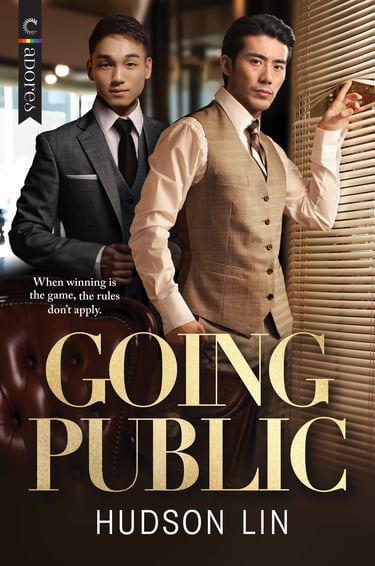 Going Public book cover featuring two handsome Asian men in professional suits standing in a luxury office.