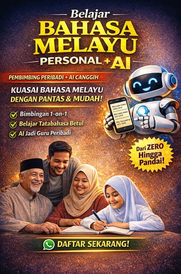 Poster for learning Malay language with AI assistance featuring a robot and a family studying together.