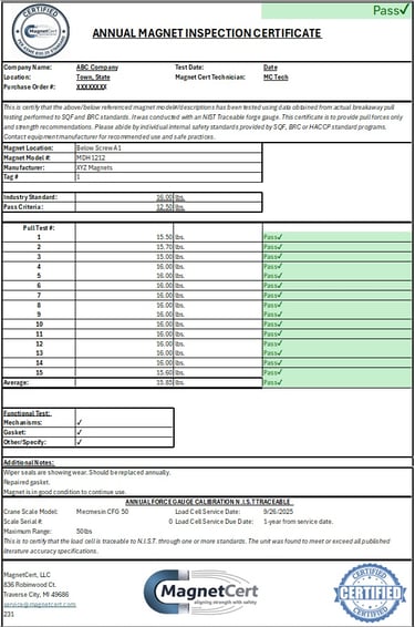 NIST Traceable Annual Magnet Pull Test Certificate