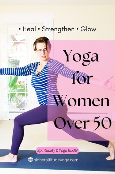 A woman over 50 practicing yoga in Warrior II pose to heal, strengthen, and glow.