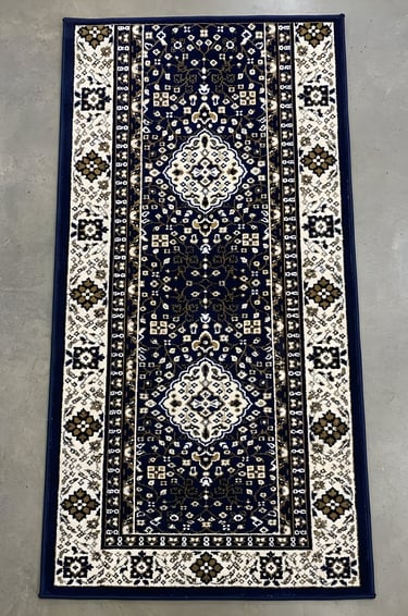 Traditional Persian oriental medallion hallway runner rug in navy blue cream and gold Color