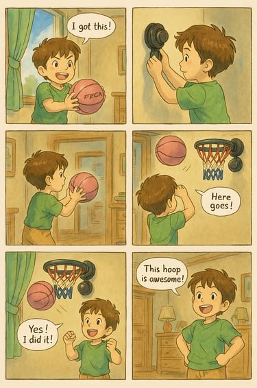 Kids trying to play FECA basketball kit at home- Ghibli style