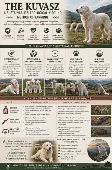 Infographic about Kuvasz livestock guardian dogs as a sustainable and ecological farming method for predator control.